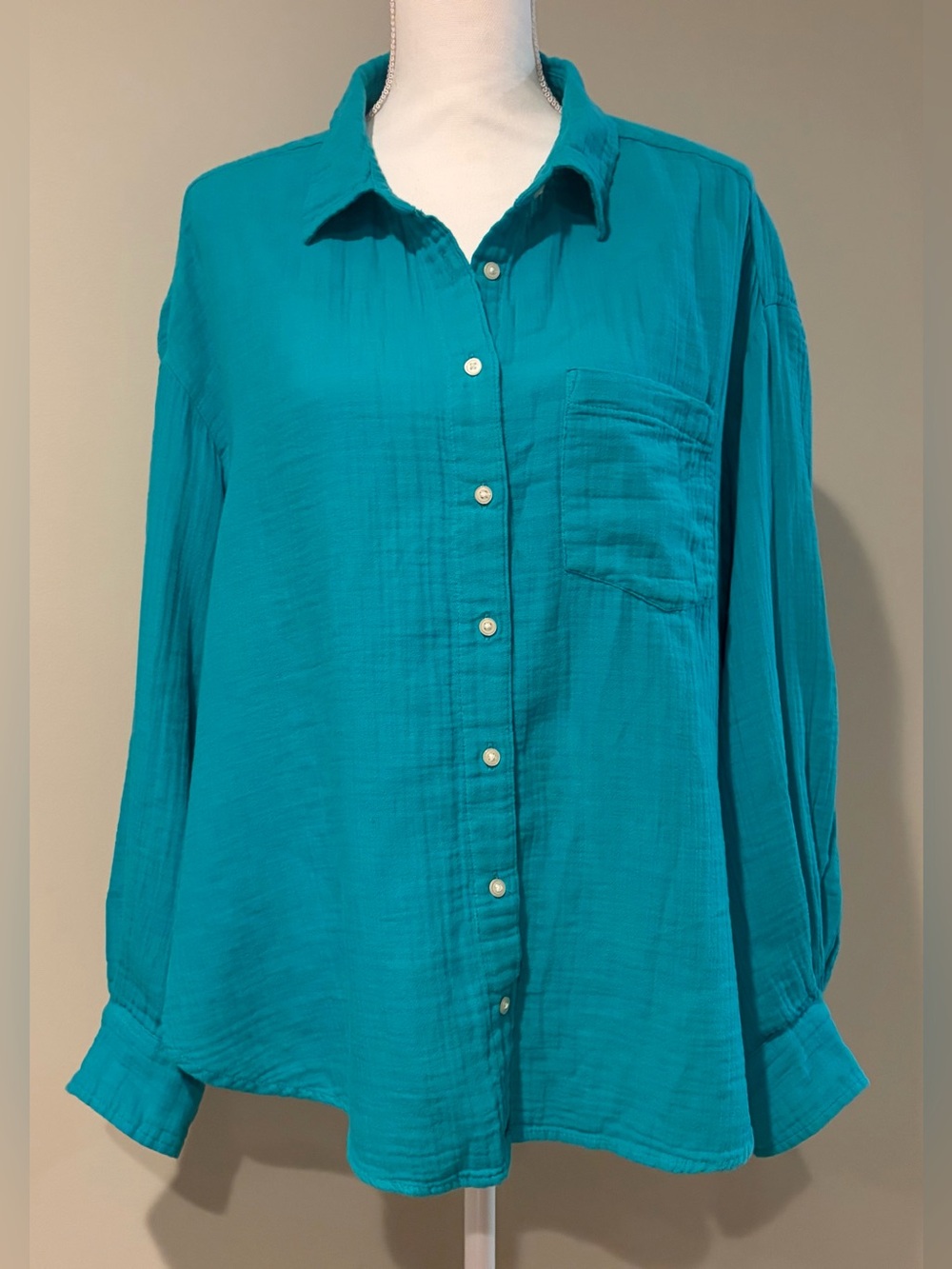 GAP “The Big Shirt” Teal Cotton Crinkle Gauze Button Down Oversized Size L
